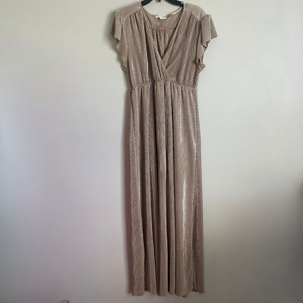 Baltic Born Women's L Gold Flutter Sleeve V-Neck Pleated Empire Waist Maxi Dress